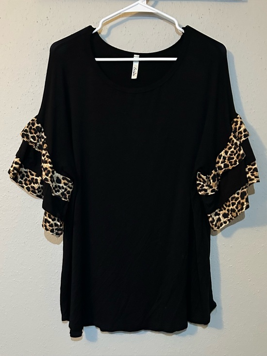 Celeste Tops - Celeste Black Top Leopard Print Ruffle Sleeve Blouse Size XL